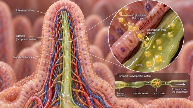 Intestinal villus cross-section model displaying central lacteal lymphatic vessel and surrounding capillaries, explaining the absorption of fat chylomicrons and lymphatic transport pathways