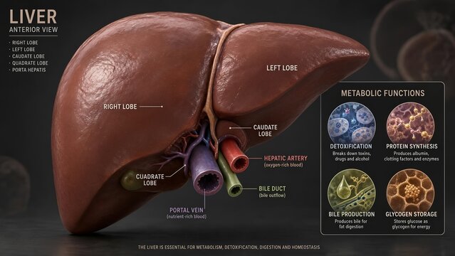Liver model showing right, left, caudate, quadrate lobes with the porta hepatis, with inset illustrating essential metabolic functions including detoxification, protein synthesis, and glycogen storage