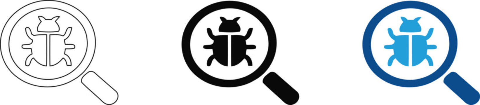 Software bug fixing icon set with magnifying glass, system error search vector icons for app development and cyber security web design on transparent background