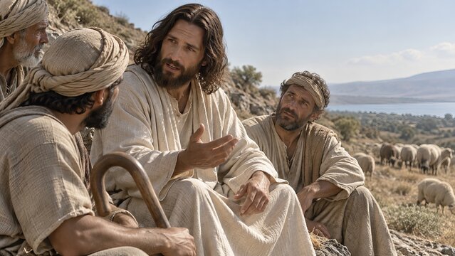 Jesus teaching seated disciples beside a flock of sheep on a rocky hillside. Biblical preaching and Gospel scene. Christian faith and spiritual guidance. Biblical story.