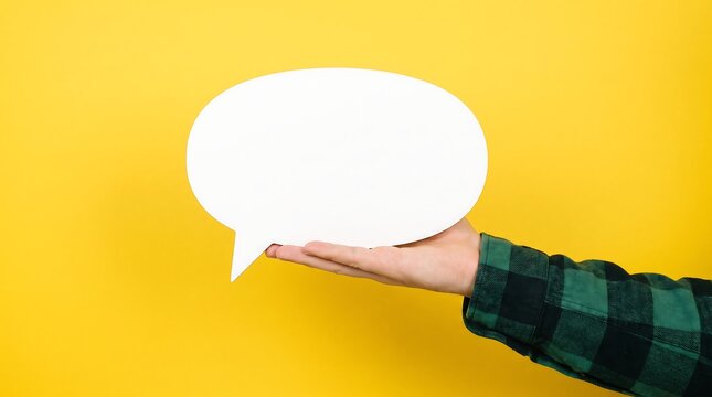 Hand holding a blank white speech bubble against a vibrant yellow background for communication concepts