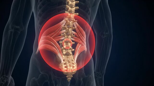 Medical animation of human spine with glowing red highlight on lumbar vertebrae indicating back pain or injury.