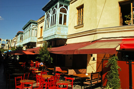 Tables and chairs of an outdoor restaurant, Tbilissi, Georgia
