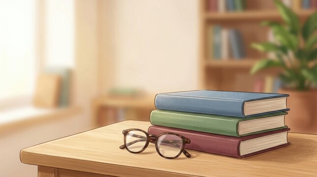 Stack of books positioned naturally beside modern eyeglasses, education background for academic publishing, libraries, e-learning websites and training courses, close-up, generous negative space acro