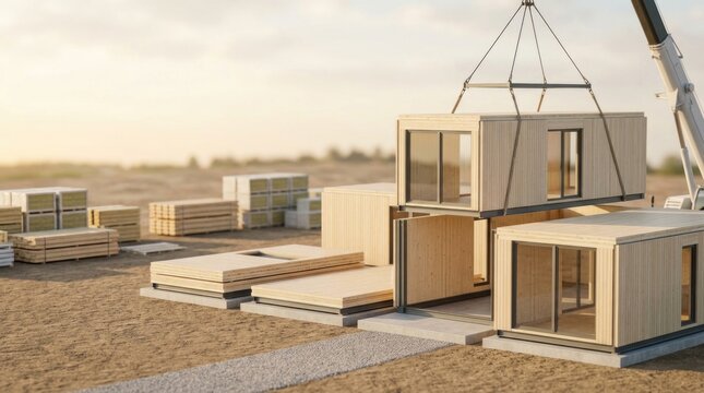 Sustainable construction site with prefabricated building components, eco-friendly materials and contemporary architectural design, spacious clean composition with abundant copy space, ultra realisti