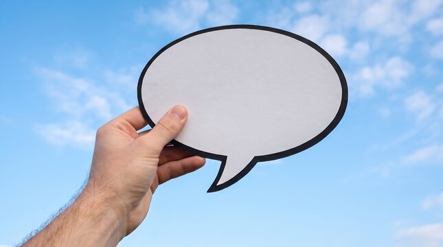 Hand holding a blank speech bubble against a bright blue sky with fluffy clouds for communication concepts