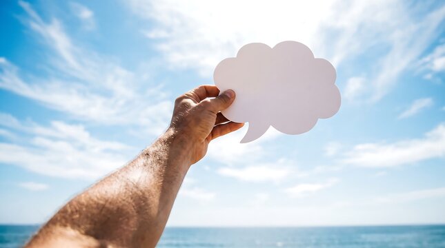 Hand holding a blank speech bubble against a bright blue sky and ocean view for communication concepts