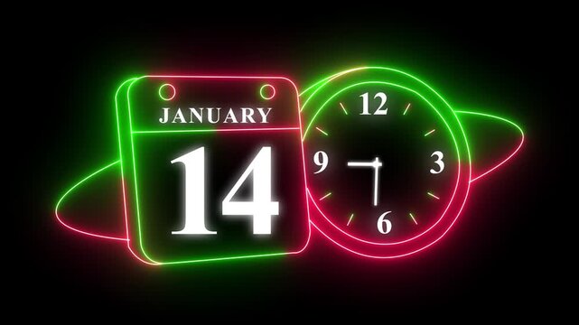 Neon calendar and clock displaying january 14 and time 3:10