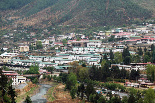 Elevated view of houses in the mountains, Thimphu, Bhutan
