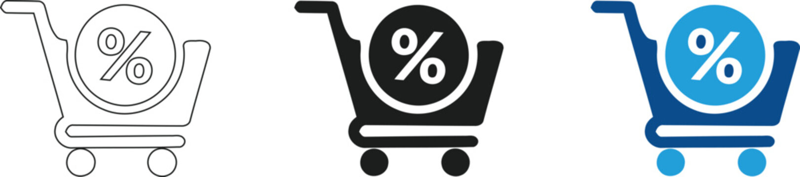 Discount shopping cart icon set, e-commerce sale percentage symbol vector, retail promotion purchase trolley graphics for web design on transparent background