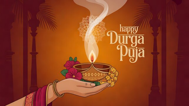 Happy durga puja greeting with traditional oil lamp diya