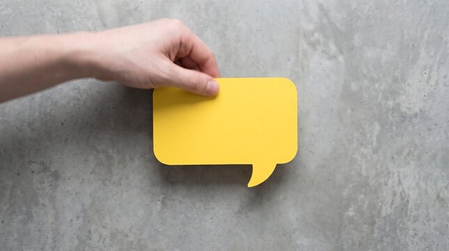Hand holding a yellow speech bubble cutout against a gray textured concrete background for communication concepts