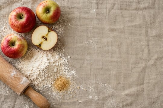 Autumn apple baking ingredients on kitchen worktop with copy space