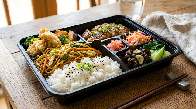 A delicious japanese bento box lunch featuring teriyaki chicken, tempura, stirfried noodles, steamed white rice, and assorted pickled vegetables on a wooden table