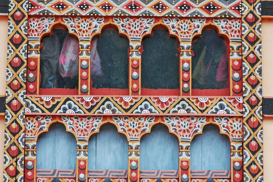 Full frame of designed wooden structure, Paro, Bhutan