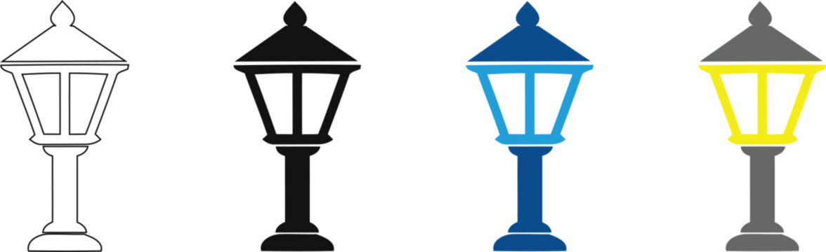 Vintage Street Lamp Icon Set, Classic Outdoor Lantern Vectors, Antique Gas Light Posts for City Graphic Design   on transparent background