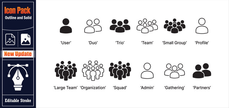 People and team icon pack featuring user, duo, trio, team, small group, profile, large team, organization, squad, admin, gathering, and partners.