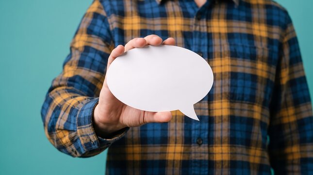 Man holding a blank white speech bubble for text or message on a teal background