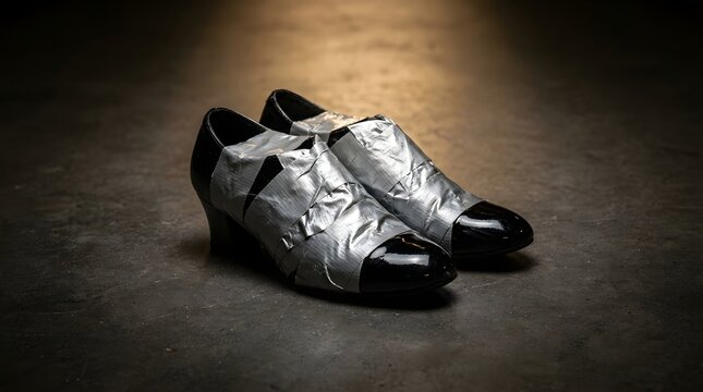 Black shoes wrapped almost entirely in silver duct tape symbolizing a temporary fix that no longer works and the exhausting effort of patching over problems too far gone