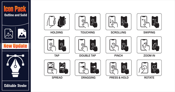 Smartphone hand gestures icon pack, including holding, touching, scrolling, swiping, tapping, and pinching actions, for modern app interfaces.