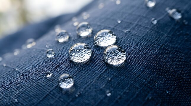 Water droplets on blue waterproof fabric with hydrophobic texture