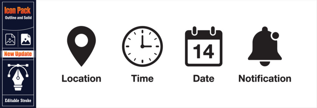 Location time date and notification outline icons featuring classic black symbols for digital event scheduling and mobile alerts.