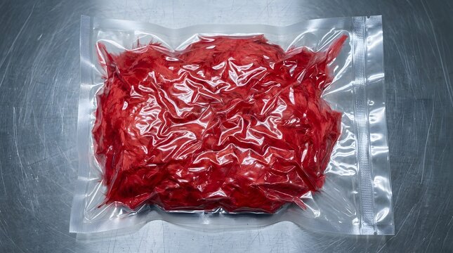 Vacuum sealed bag of red feathers on a metal surface symbolizing suppressed passion contained emotion and love packed away for safekeeping