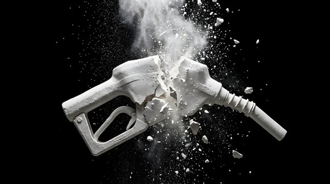 Shattered white gas pump nozzle crumbling into fragments representing rising fuel prices and global energy crisis concept for business use