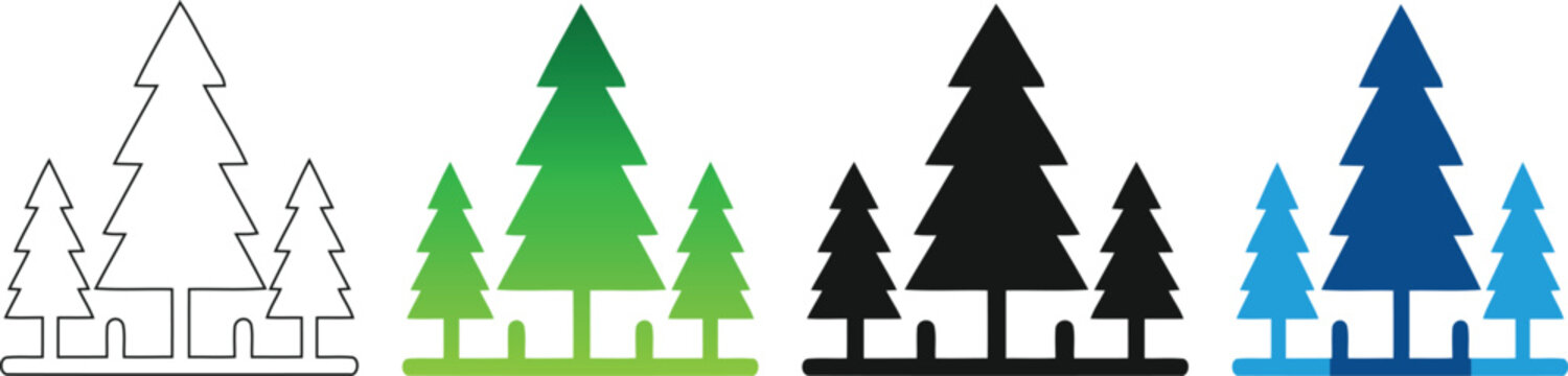 Pine tree vector icon set, minimalist forest trees collection, nature evergreen woods symbol graphic for logo design on transparent background