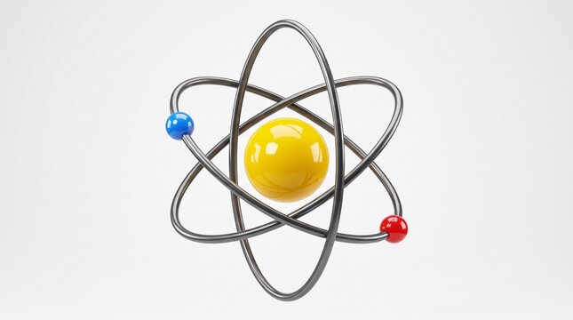 3D atom model icon with yellow nucleus and orbiting electrons for science education, physics, and chemistry concept physics research, technology, and scientific innovation