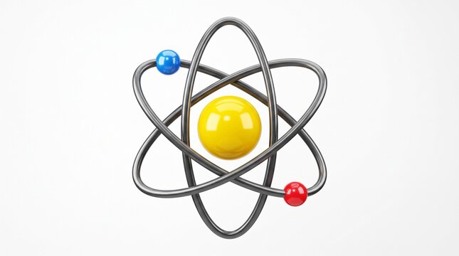 3D atom model icon with yellow nucleus and orbiting electrons for science education, physics, and chemistry concept physics research, technology, and scientific innovation