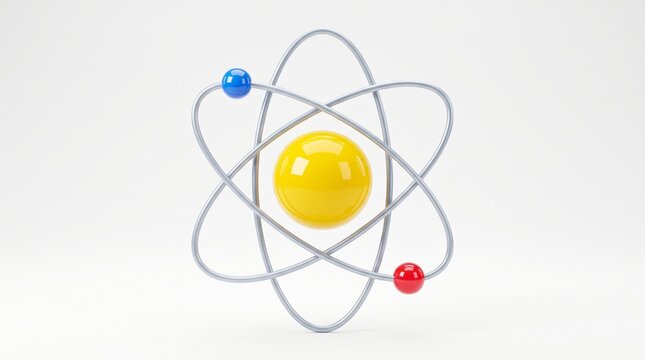 3D atom model icon with yellow nucleus and orbiting electrons for science education, physics, and chemistry concept physics research, technology, and scientific innovation