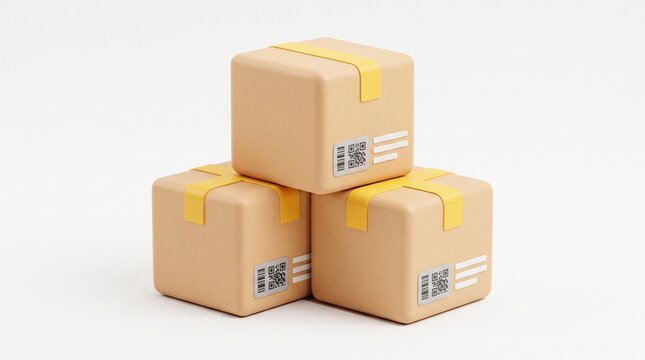 3D stacked parcel boxes isolated on white background for e-commerce, express delivery, package logistics concept cargo shipping, courier service online order