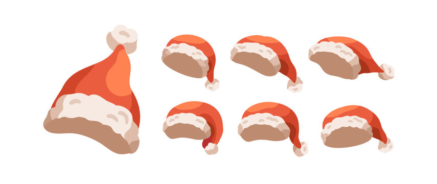 Santa hats, isolated Christmas caps. Santa Claus caps, red hats. Festive winter holiday head costume accessory. Christmas and New Year clothing set. Flat vector illustrations isolated on white