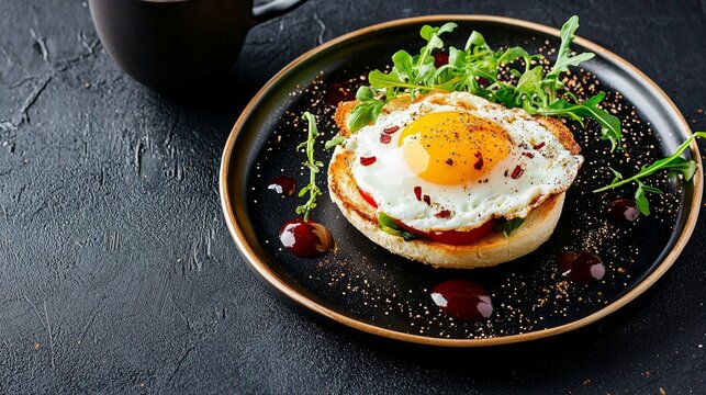 Enjoy the perfect breakfast combination of egg Benedict and coffee against a sleek black backdrop.