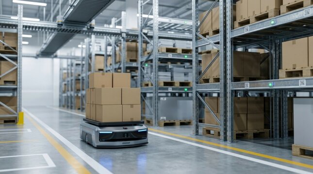 Contemporary connected logistics hub with intelligent warehouse infrastructure, autonomous monitoring systems and spacious industrial environment providing expansive copy space, ultra realistic, prem