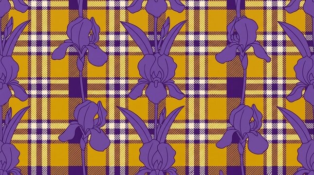 Purple iris floral seamless pattern on yellow tartan plaid background