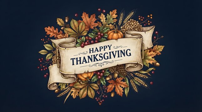 Happy thanksgiving greeting card with vintage botanical illustration