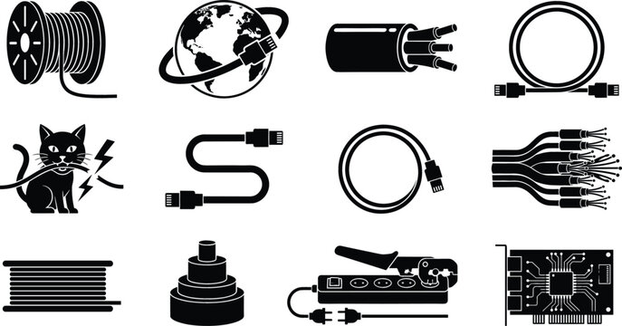 Network Hardware and Electrical Cable Silhouette Vector Icon Set Featuring Ethernet Wire, Globe Internet, Extension Cord, Cat Chewing Wire, and Motherboard Components