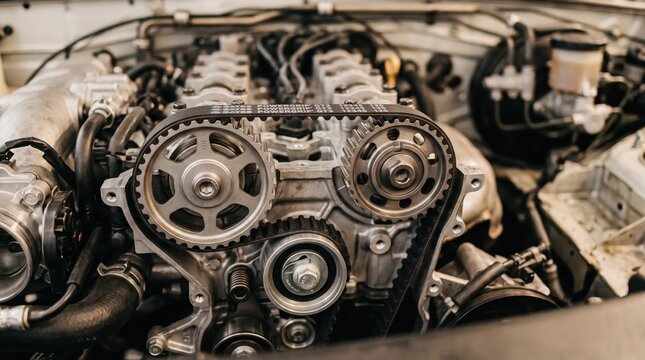 Detailed view of car engine cylinder head with timing belt and gears, mechanical automotive repair maintenance, internal combustion engine components, workshop service center