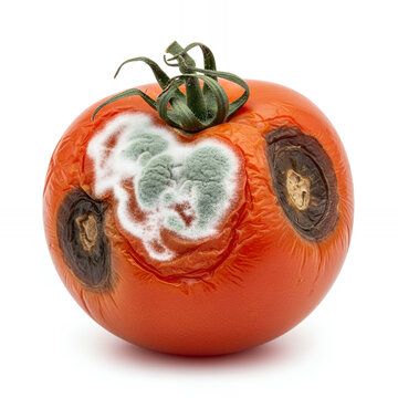 A single, severely decaying and moldy red tomato isolated against a seamless, solid white background