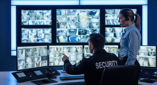 Security officers monitor surveillance screens at a control center. A man in a security vest and woman in blue watch live camera feeds on multiple monitors&mdash;ideal for security and safety concepts.