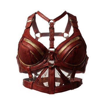 Red leather harness bra with multi ring connection system and layered strap geometry isolated on a transparent background