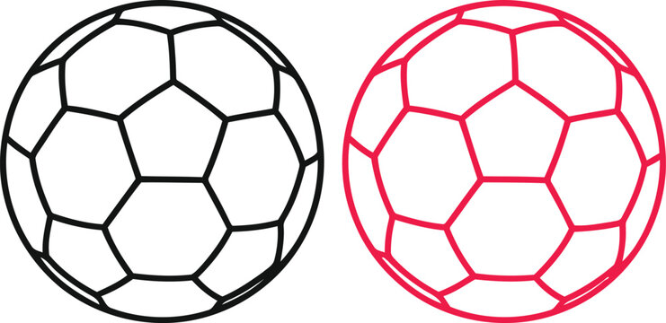 Soccer ball icon set with black and red outlines on a white background