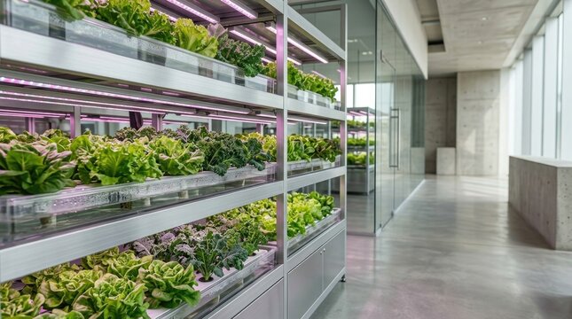 Contemporary vertical farming facility with illuminated hydroponic growing systems integrated into modern architectural space, expansive clean copy space across the composition, ultra realistic, prem