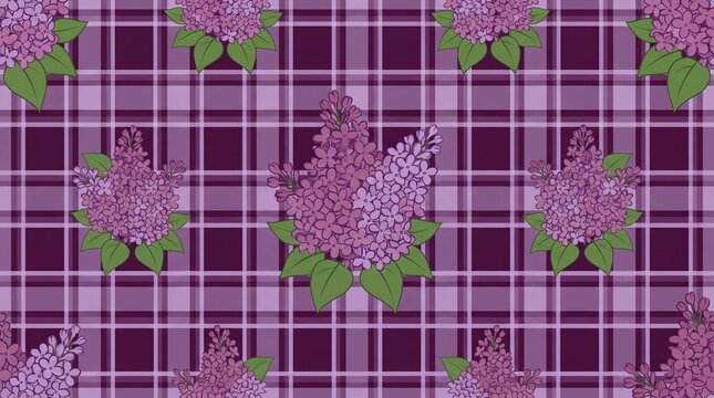 Purple lilac floral seamless pattern on violet plaid background