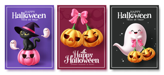 Fototapeta premium Cute Halloween Greeting Card Poster Clipart Set. Coquette Happy Halloween and Trick or Treat greeting typography clip art collection with playful ghosts, black cat, orange and pink pumpkins characters