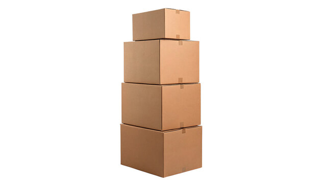 Stack pile of square brown cardboard storage boxes isolated on transparent background
