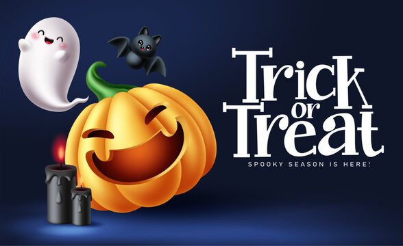 Trick or Treat Halloween Greeting Card Pumpkin Ghost Character Clipart Banner. Cute Halloween Trick or Treat typography with cheerful orange pumpkin, smiling ghost and adorable black bat on blue 