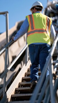 A construction worker in a hard hat and safety vest climbs a metal staircase at an industrial site. He is walking away from the camera, towards an unseen destination.